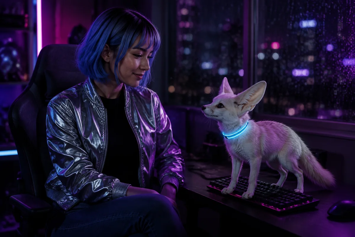 Nova smiling at Neon beside a keyboard in their violet-lit studio.