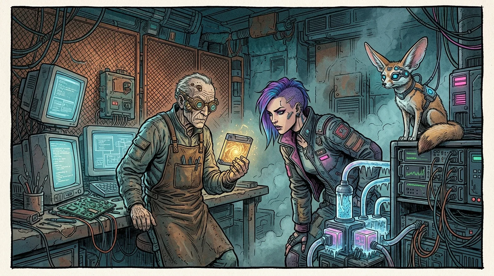 Nova and Neon in an underground vault lined with vintage tape drives and glowing green oscilloscopes.
