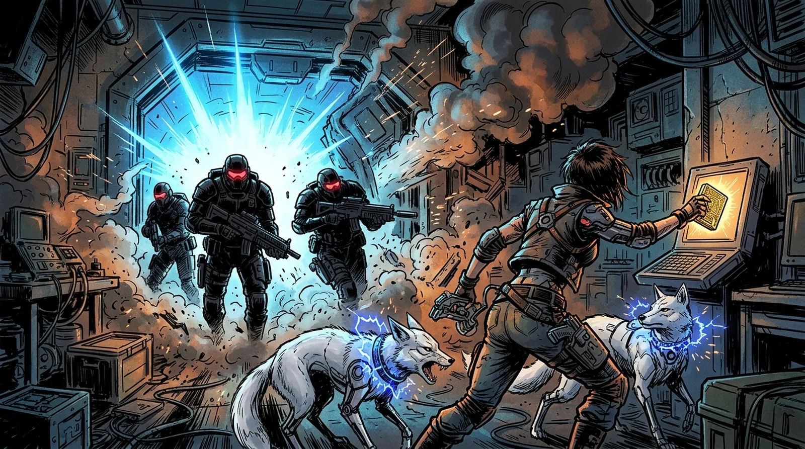 OmniCorp security drones breaching the corridor while Nova downloads the AI memory core and Neon defends the terminal.