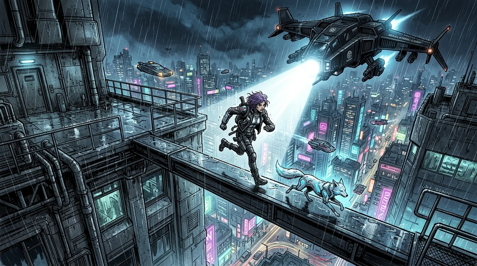 Nova sprinting across high-altitude industrial catwalks in the rain while searchlights sweep the skyline.