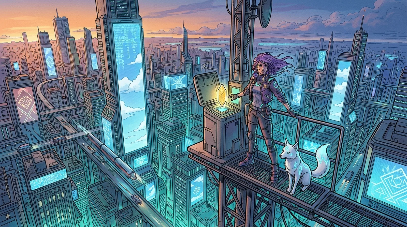 Nova connecting the pirate transmitter to the broadcast array overlooking the endless glowing metropolis.
