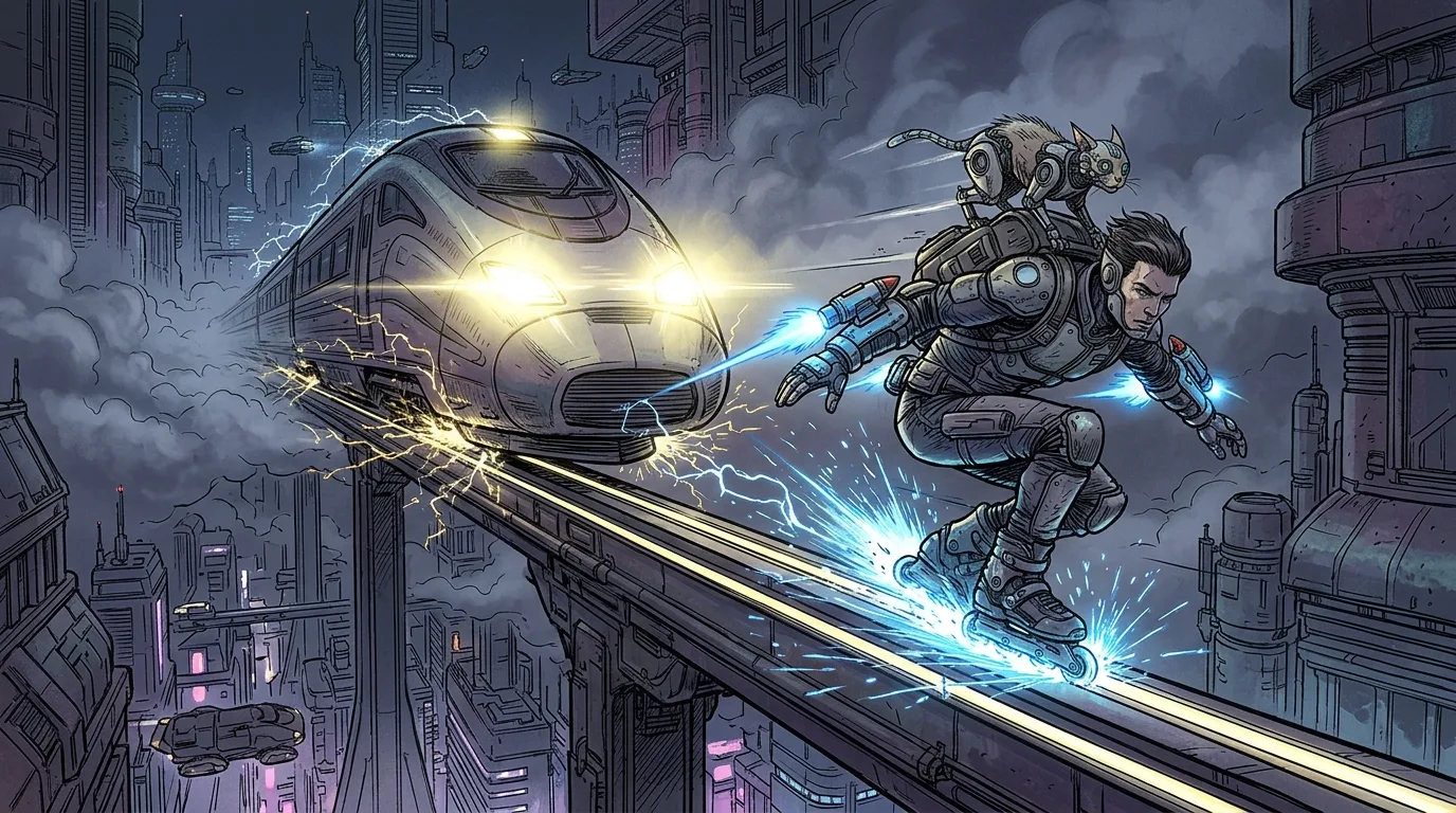 Ren grinding along the single elevated rail of a monorail track with jet wrist-thrusters ahead of a train.