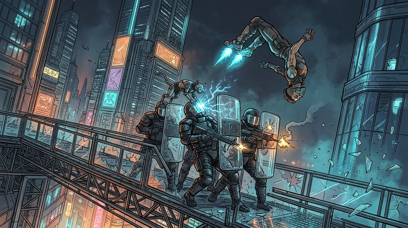 Ren somersaulting over corporate riot shields on a skybridge while Neon shorts out an enforcer weapon.