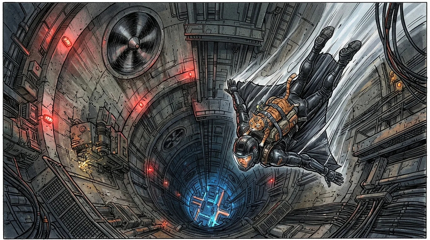 Ren and Neon gliding in a black wingsuit vertically down a massive industrial skyscraper shaft.