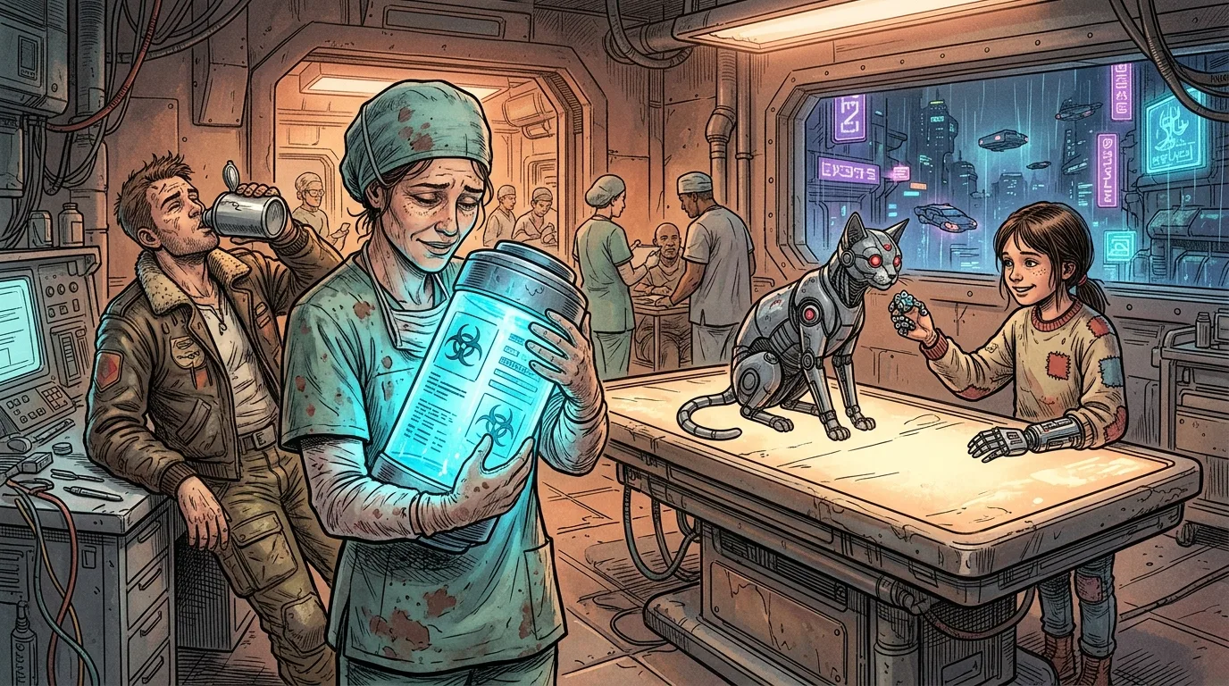 Ren delivering the cryogenic canister to a grateful surgeon in an underground clinic as midnight strikes.