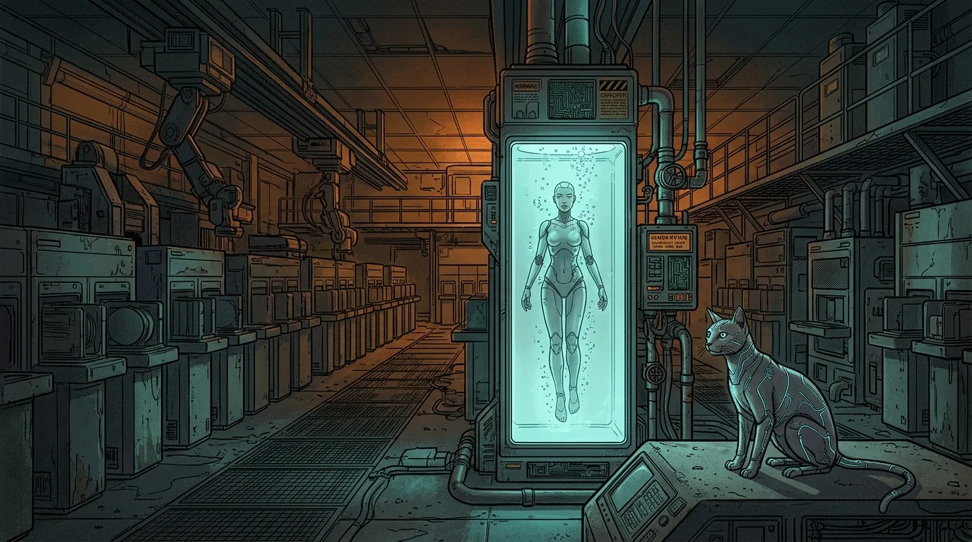 A synthetic humanoid chassis awakening inside a glowing cyan cleanroom fluid cylinder.