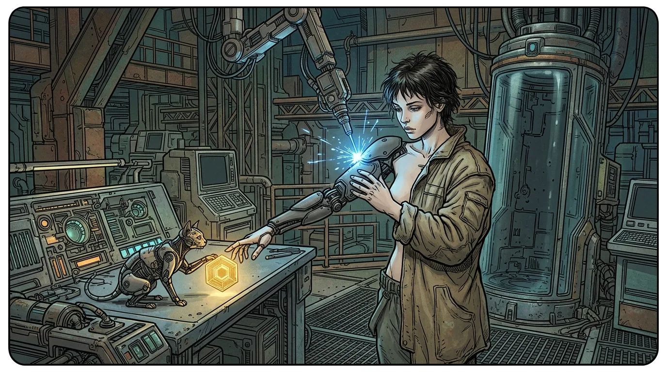 Lyra using an articulating robotic laser arm to assemble carbon armor plates onto her chassis.