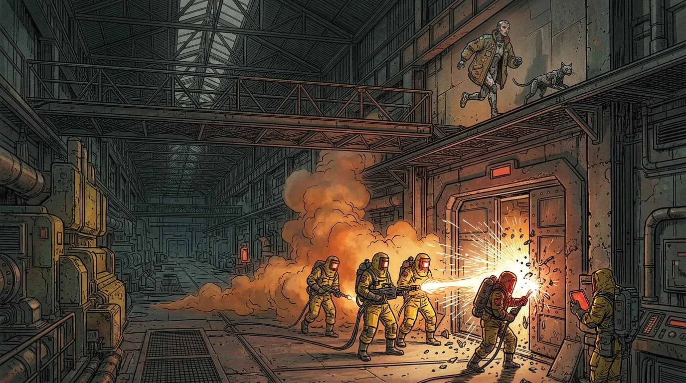 Hazmat-clad demolition workers torching the factory floor as Lyra and Neon escape along high catwalks.