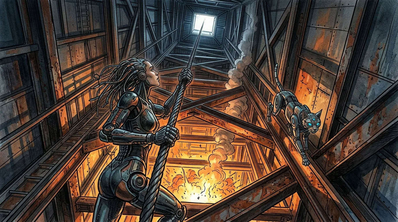 Lyra climbing elevator suspension cables toward the roof as flames billow far below.