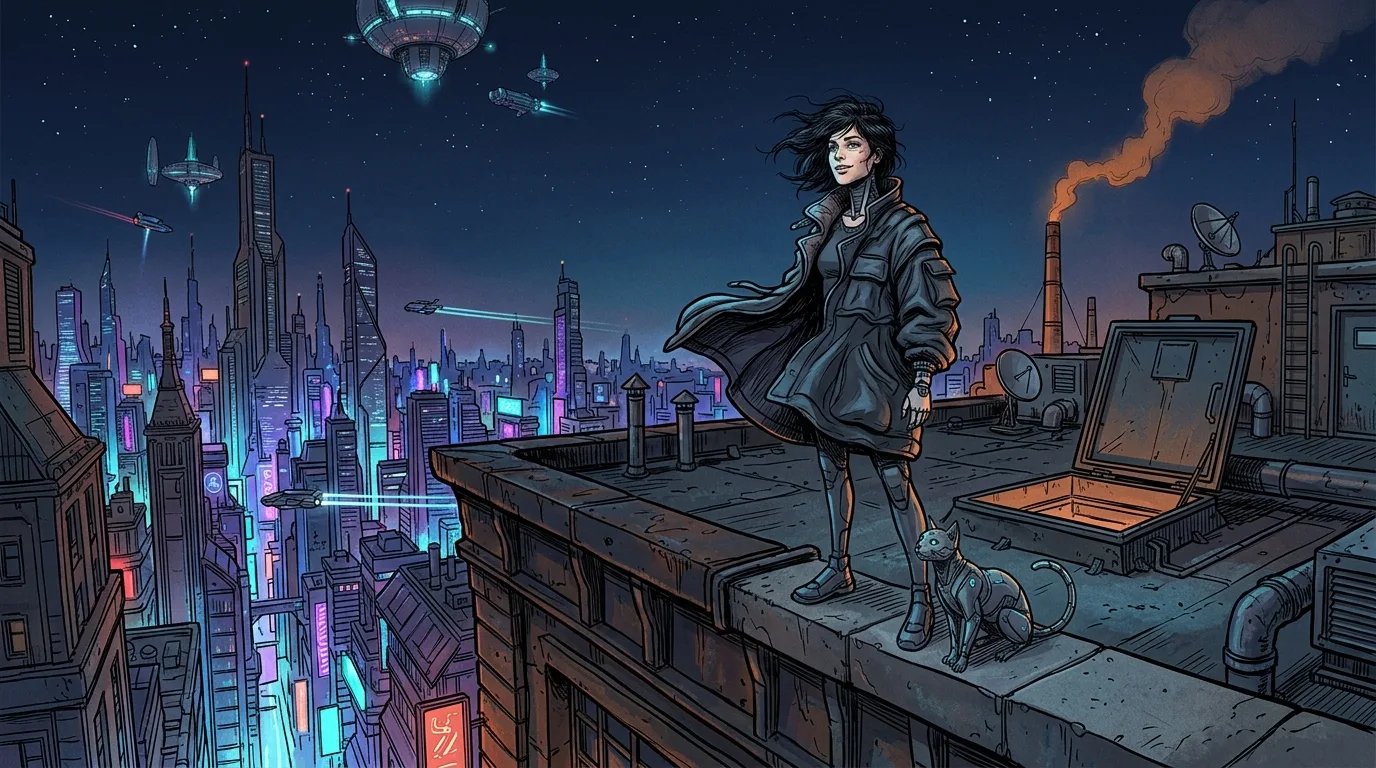 Lyra and Neon standing on the rooftop in the night breeze, looking out over the glowing megacity.