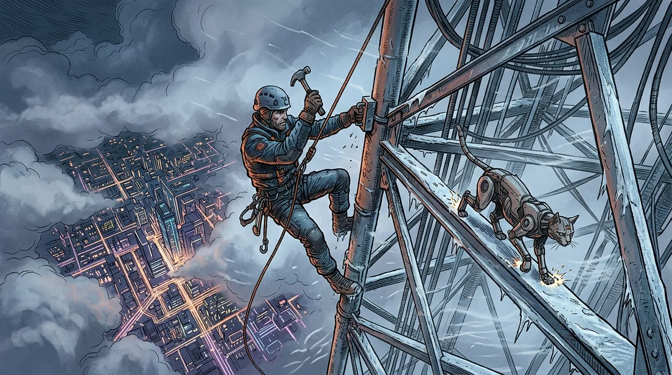 Victor hanging from safety ropes against icy steel girders 500 meters in the air with Neon.