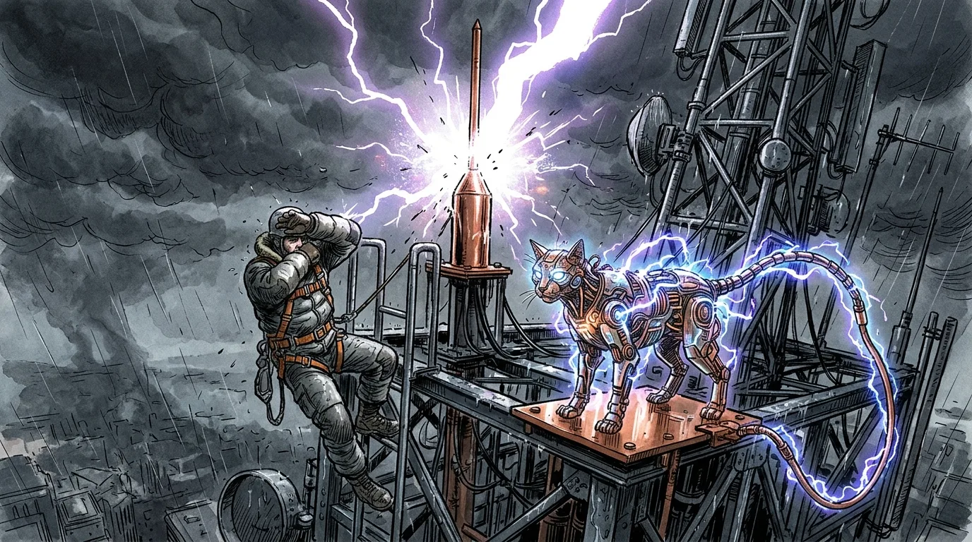 Lightning striking the pinnacle rod as Neon absorbs and grounds the massive electrical surge.