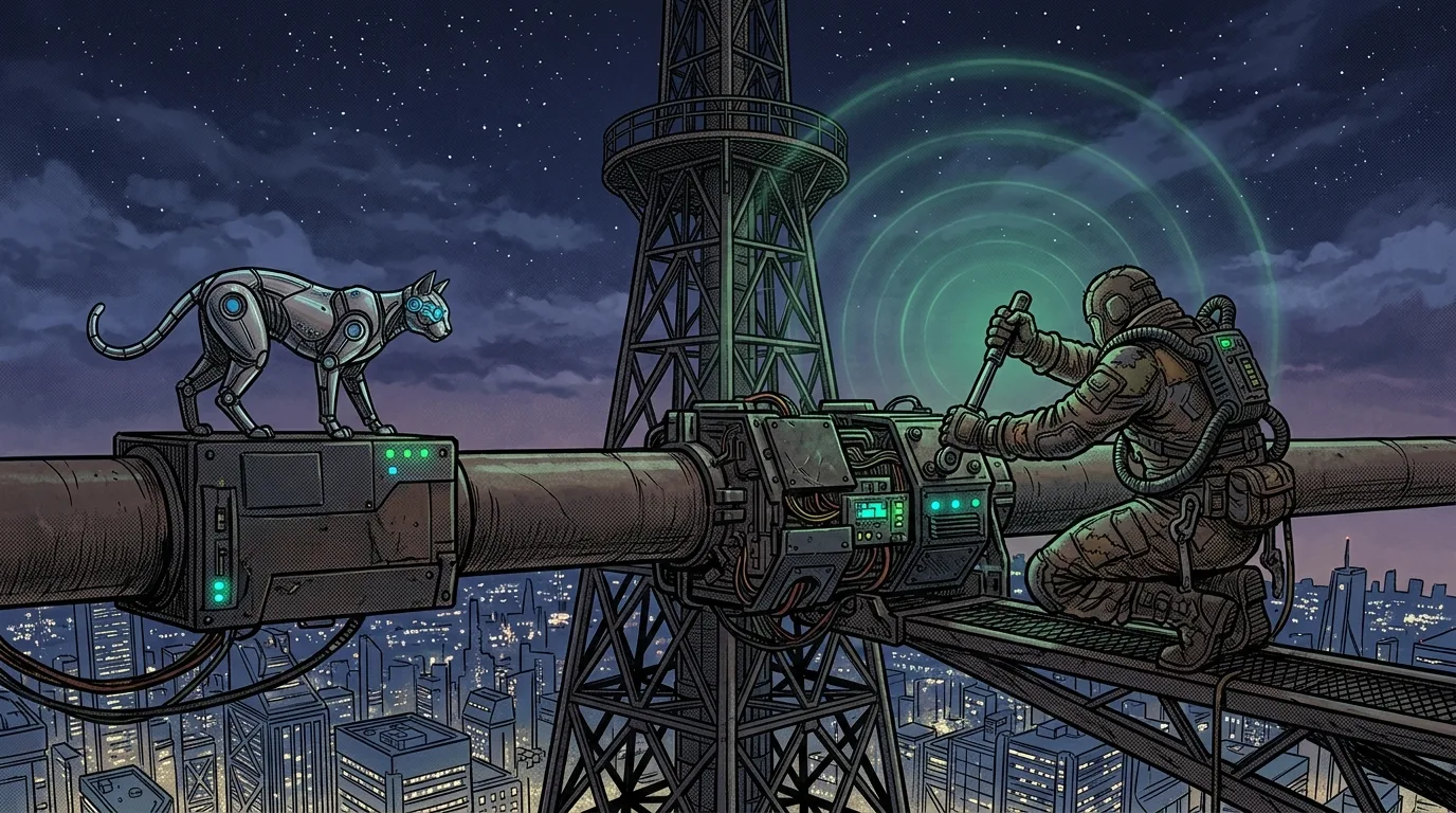 Victor tightening bolts on the pirate scrambler unit as an emerald energy wave pulses into the sky.