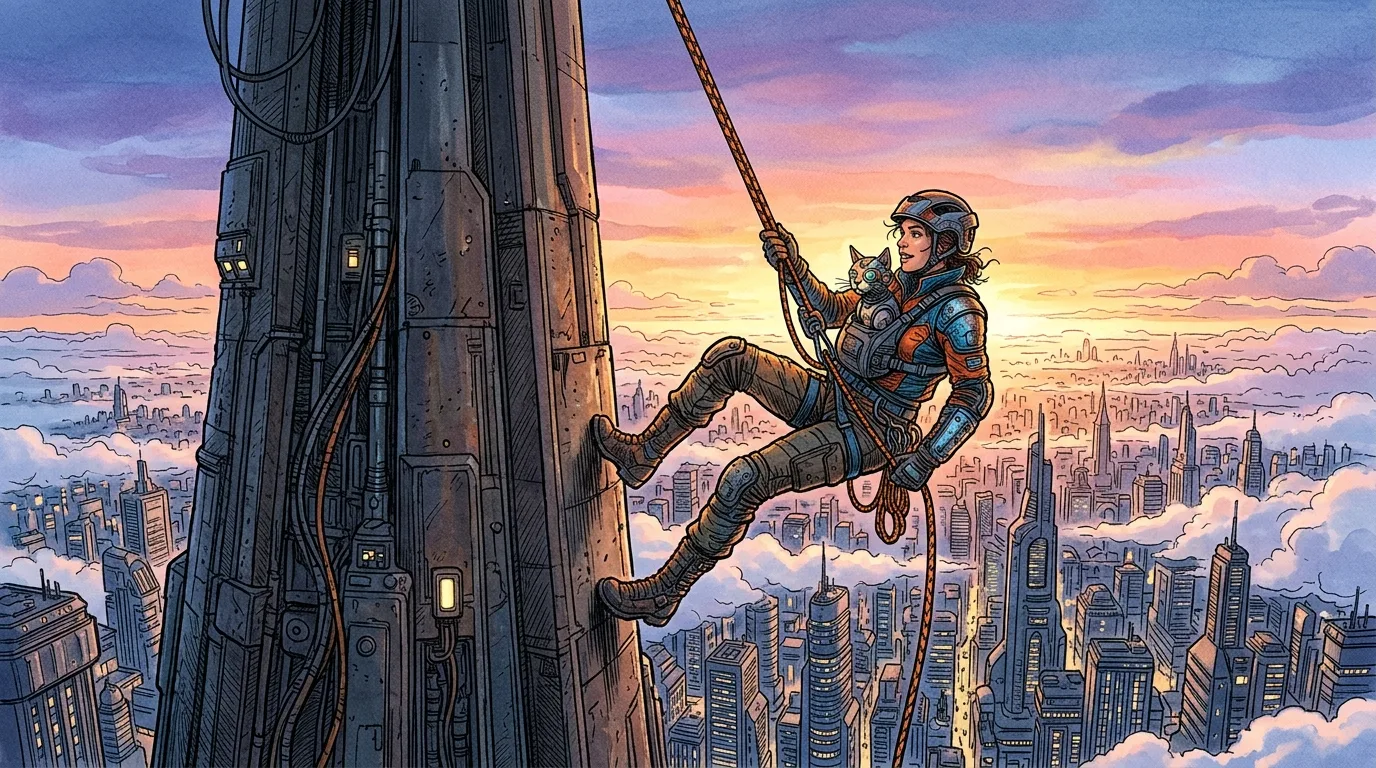 Victor and Neon rappelling down the spire in warm apricot dawn light high above the cloud layer.