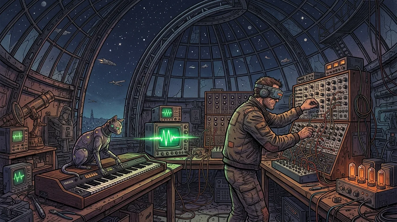 Luka working among gargantuan modular synthesizers and green oscilloscopes in a starry observatory dome.