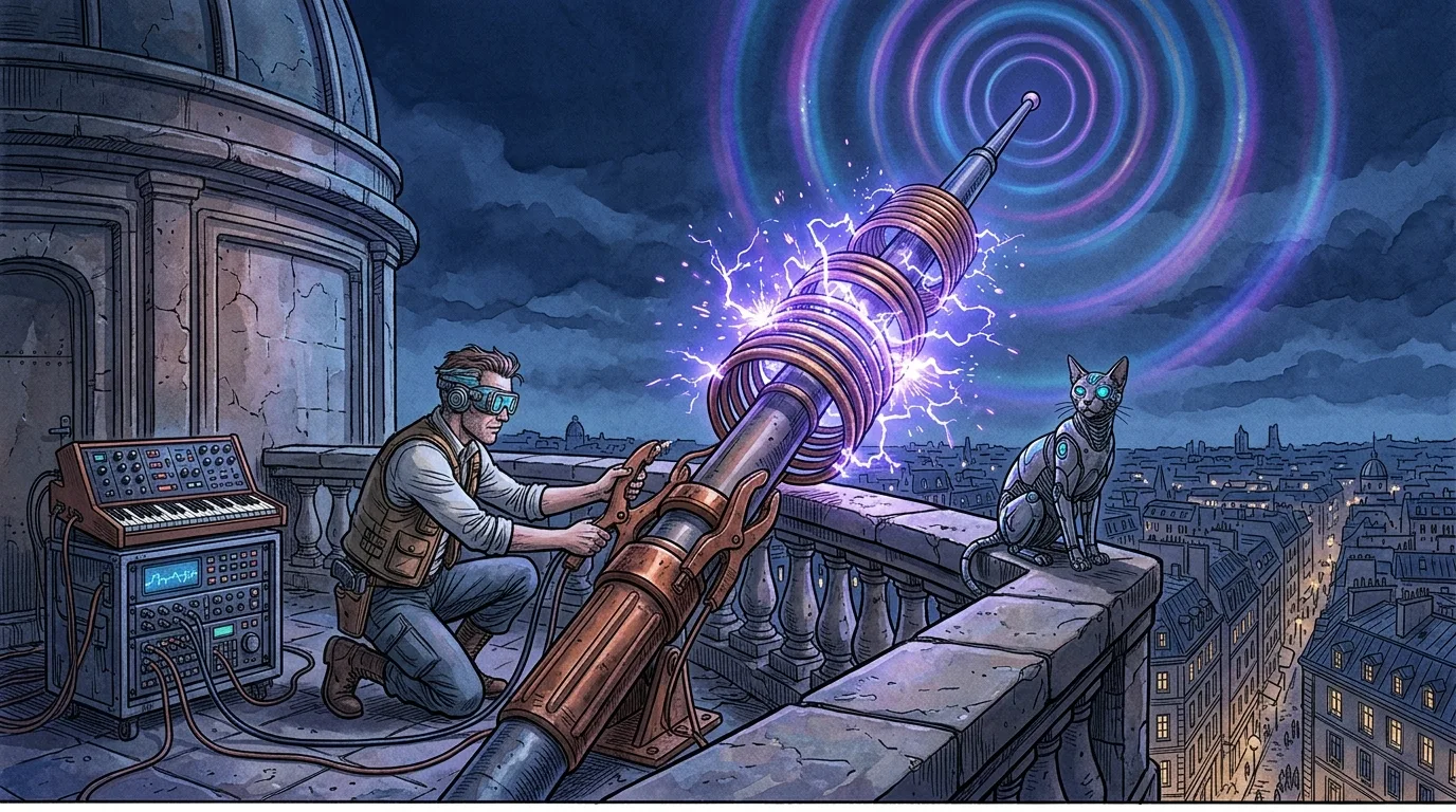 Connecting synth cables to a massive copper radio antenna mast glowing with violet induction corona.