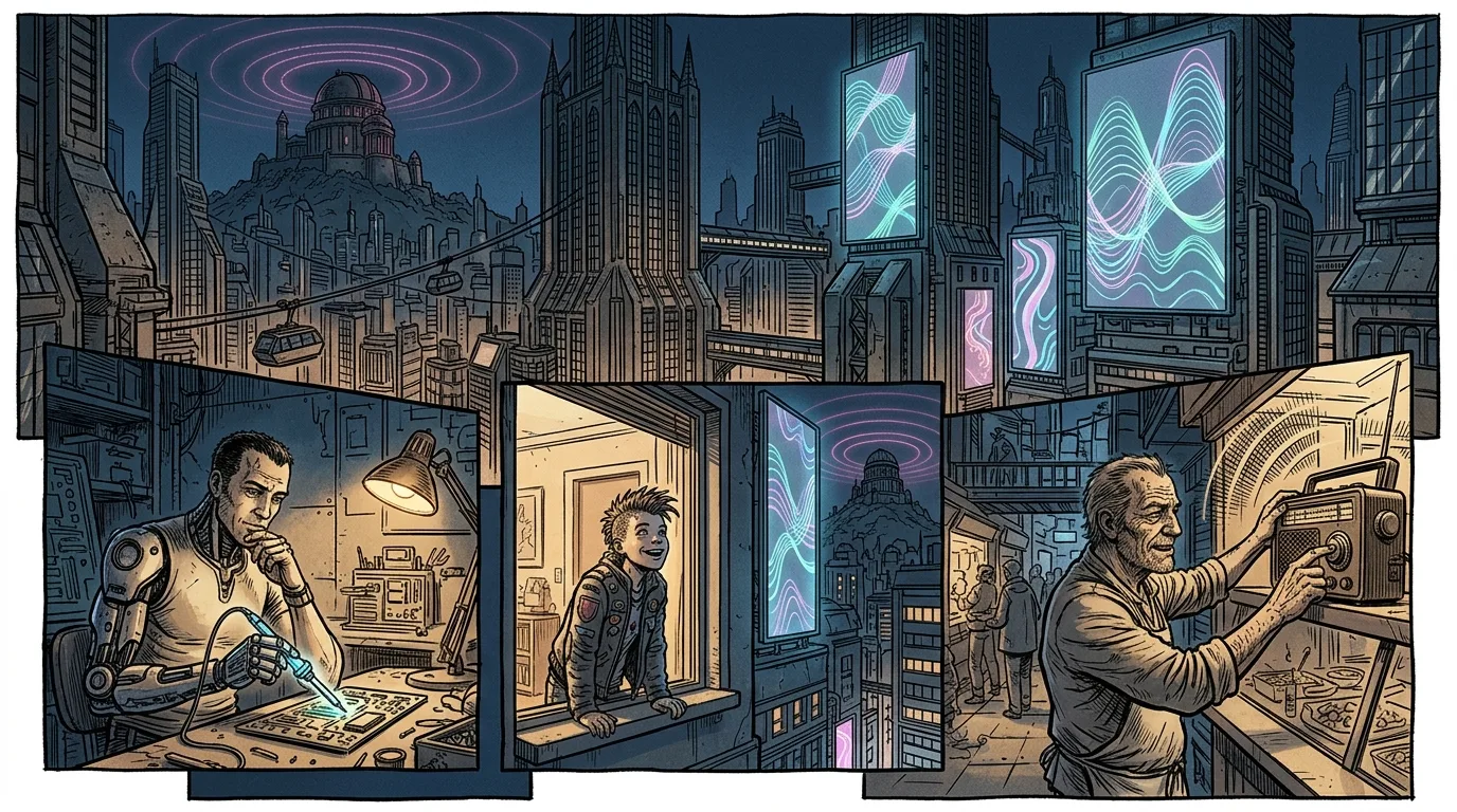 Citizens across the sprawling city pausing to listen to the beautiful midnight synth broadcast.