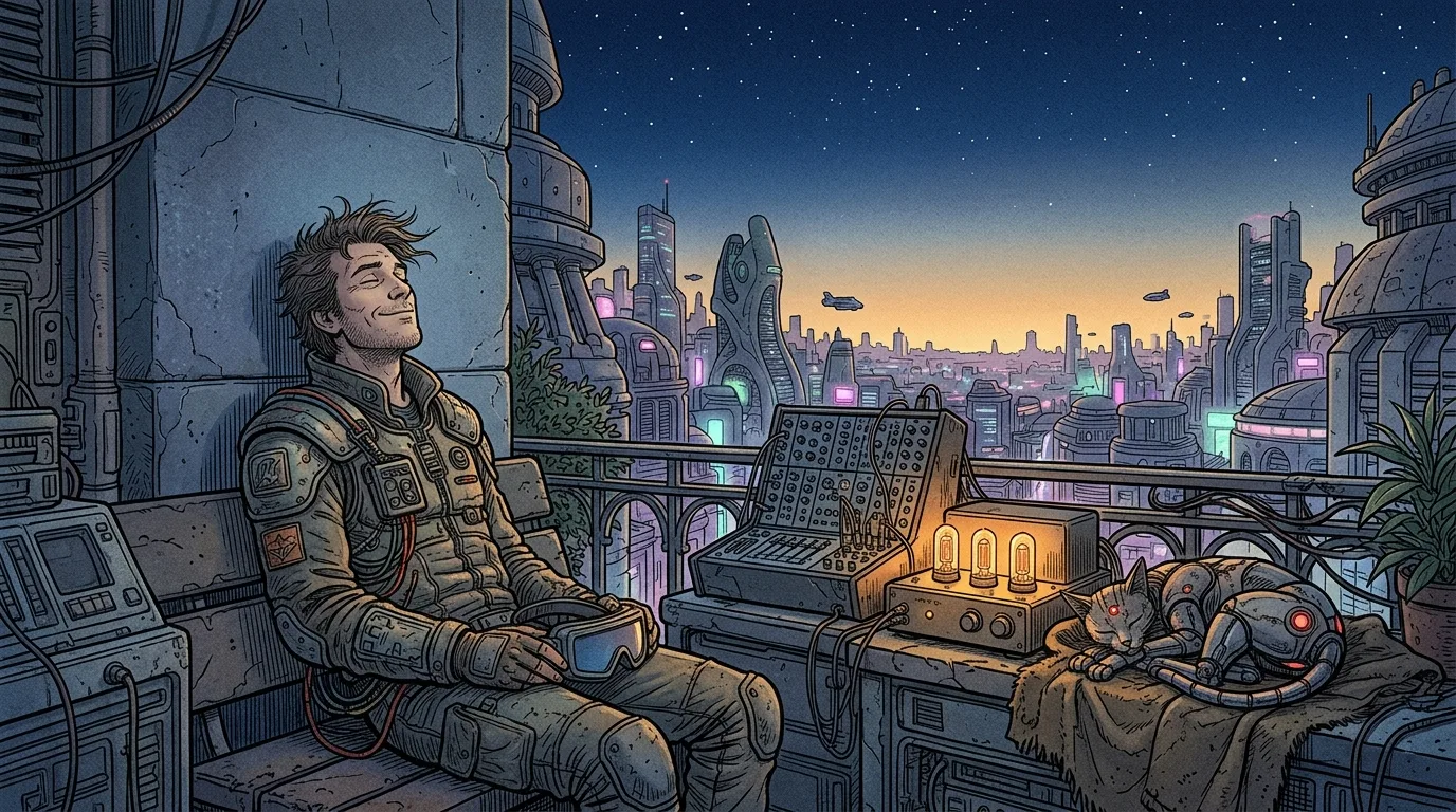 Luka resting with a serene smile on the terrace at sunrise with Neon sleeping peacefully beside the tubes.