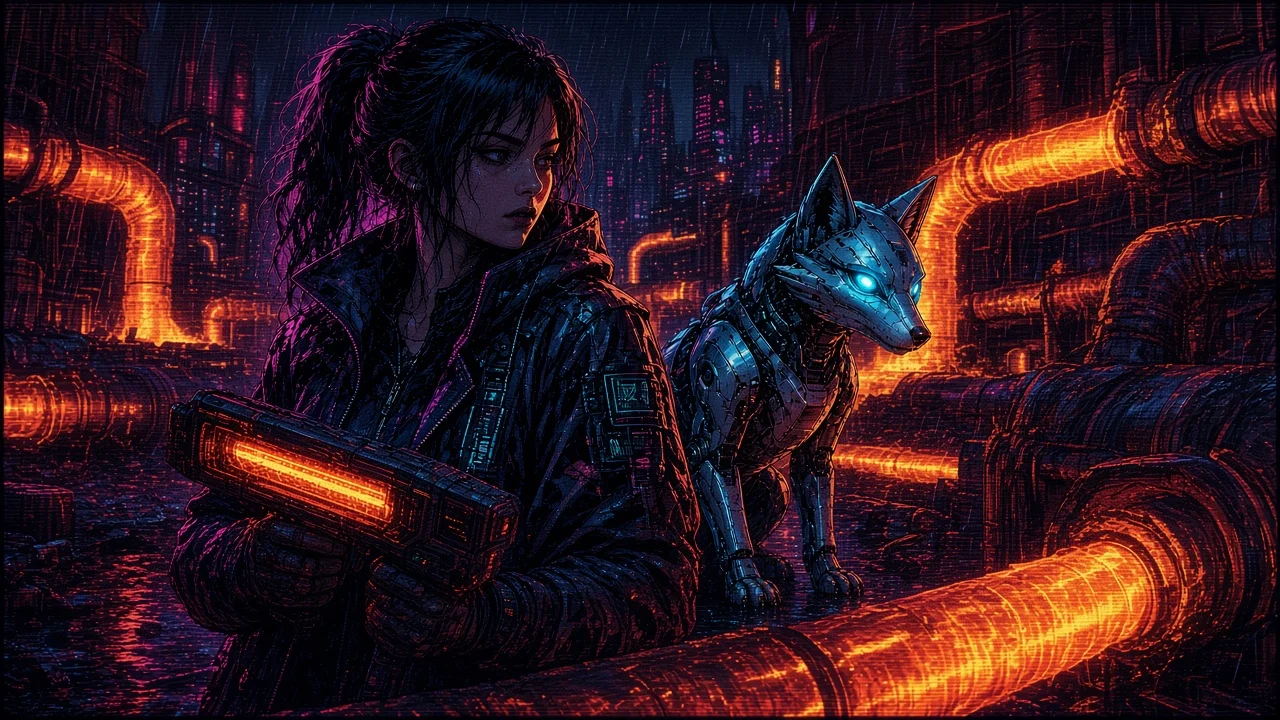 Nova and chrome fox Neon reading infrared heat maps on glowing industrial pipes under Sector 6.