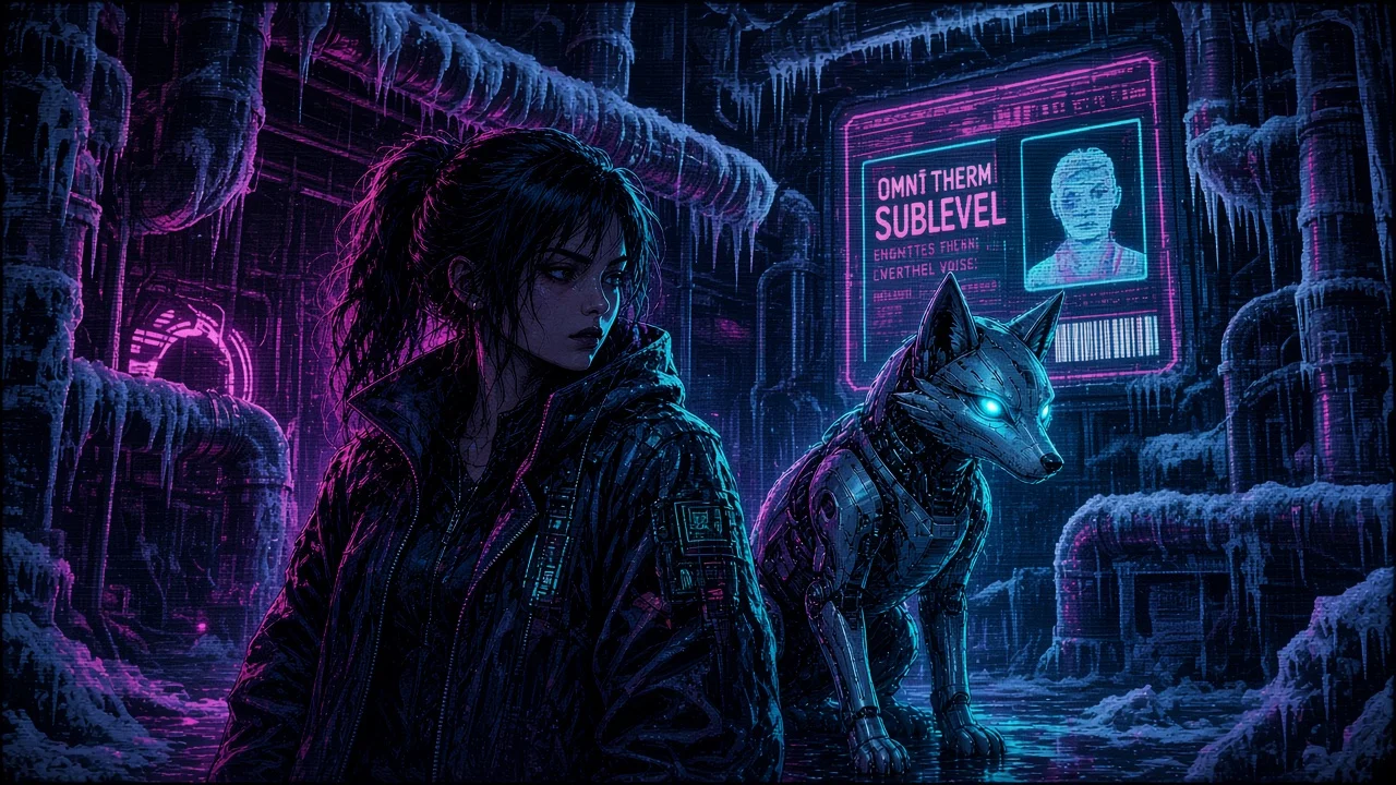 Nova and Neon in a frost-rimed OmniTherm cooling catacomb before a glowing employee ID mural.