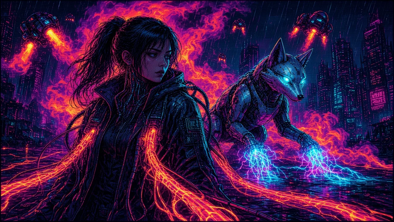 Nova jacked into a living thermal lattice as Neon grounds a surge, drones above.