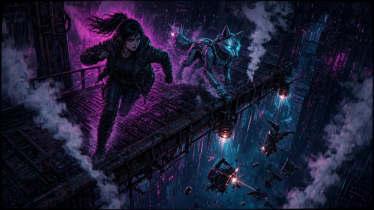Nova and Neon sprinting steam catwalks while OmniTherm drones fall into condensate.
