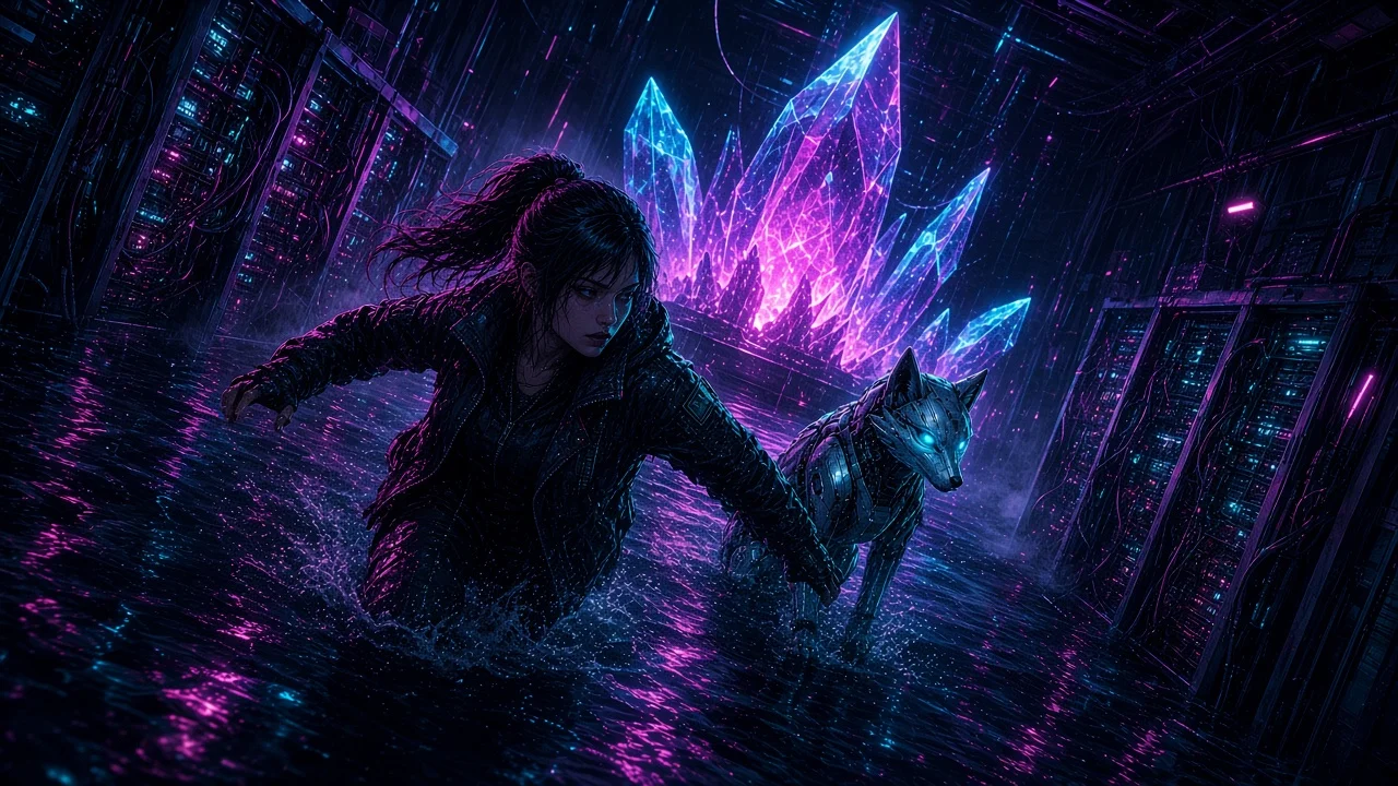 Nova and Neon inside a tilted flooded server barge before a glowing quantum crystal cradle.
