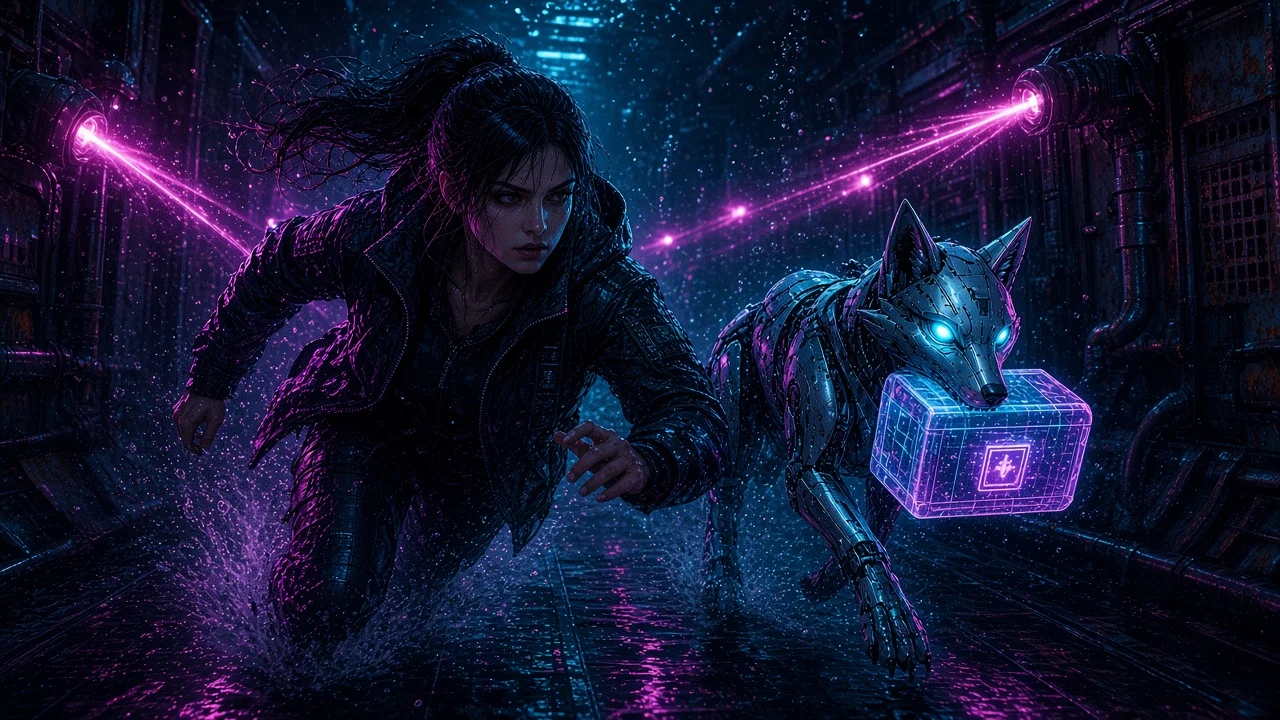 Underwater chase through ballast corridors as Neon carries a crystal case past sonar spears.