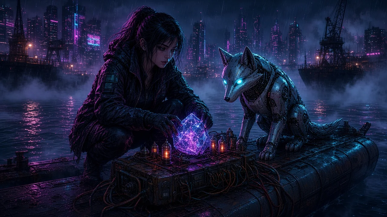 Nova and Neon on fog-bound pontoons aligning a quantum crystal to a scavenged resonator.