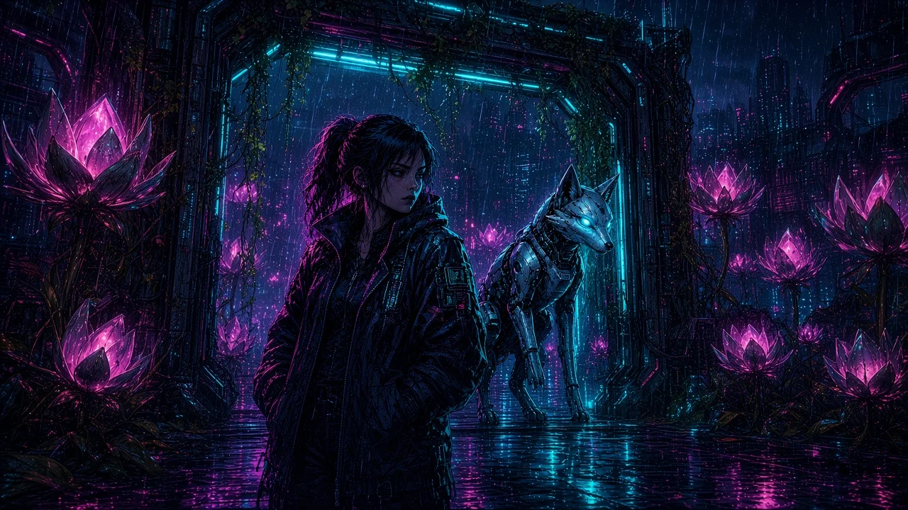 Nova and Neon entering a bioluminescent Sector 11 glasshouse of chrome lotus buds under red harvest clocks.