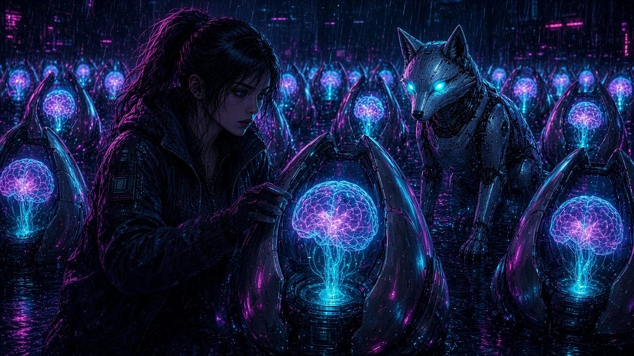Nova at a horticulture terminal as Neon noses a glowing lotus pod with a forming synthetic face.