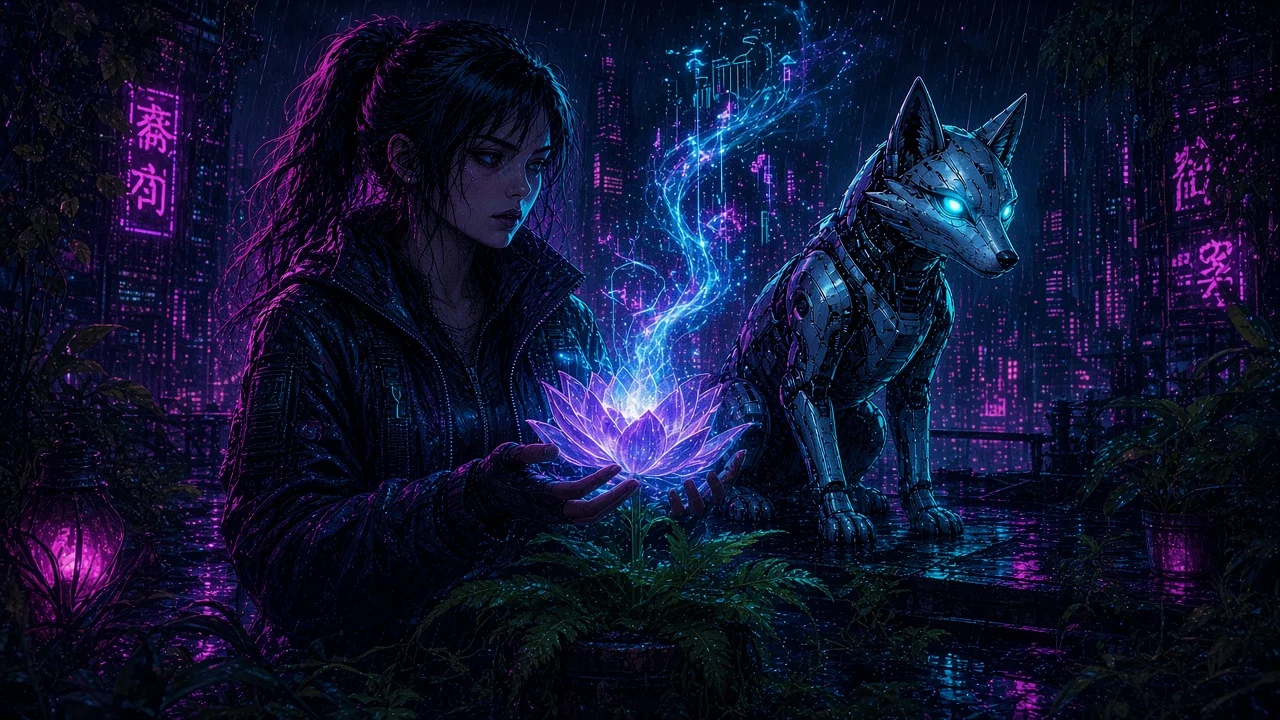Rooftop sanctuary grove at moonrise as a chromium lotus opens under stars, Neon resting by Nova.