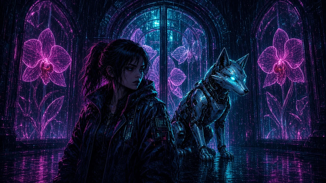Nova and Neon on a rain-slick Helix Spire ledge overlooking the Conservatory orchid gallery.