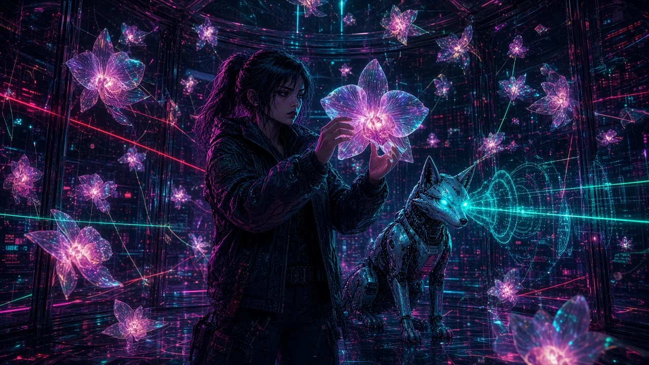 Nova jacking a horticulture terminal beside the Glass Orchid pedestal while Neon circles the suspension field.