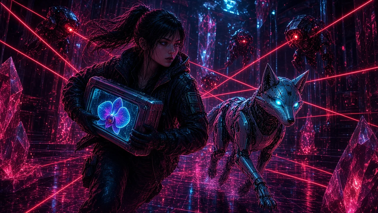 Neon biting the kill-wire as Nova seals the photonic orchid into a cryogenic sling under crimson alarms.