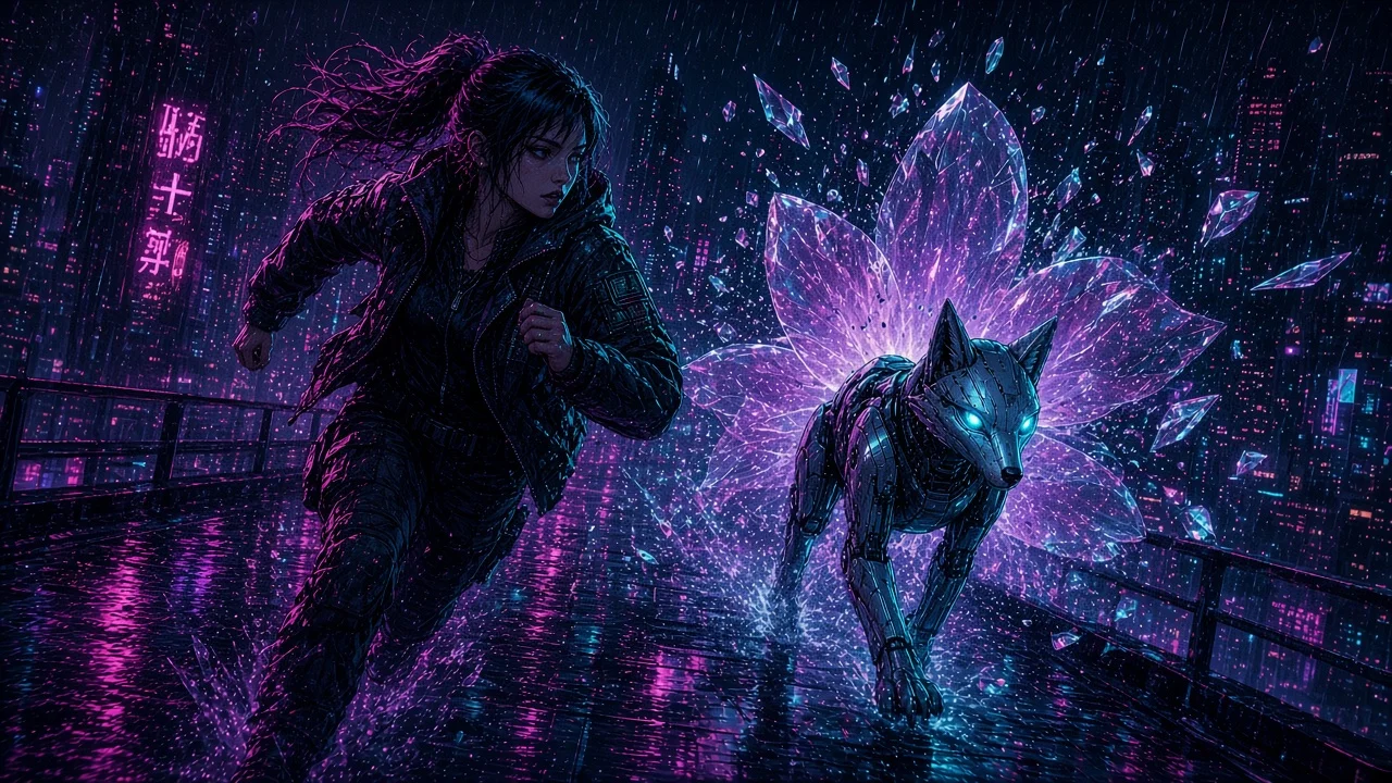 Nova and Neon sprinting the monorail canopy under Helix cutter floodlights in acid rain.