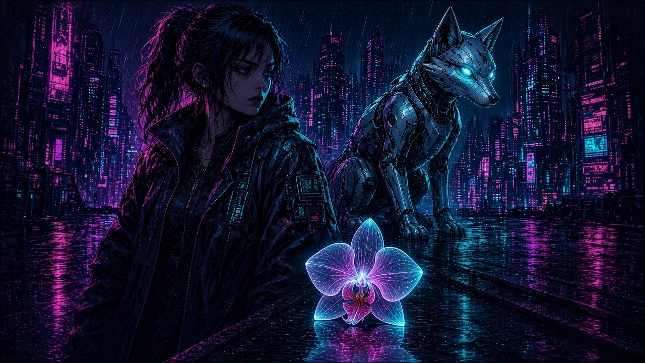 The Glass Orchid glowing in a squatters' rooftop nursery at dawn with Neon curled beneath the cradle.