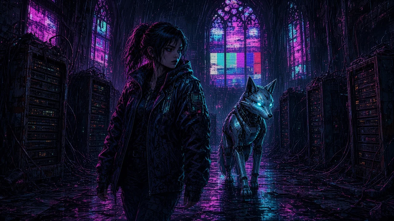 Nova and Neon in a ruined cathedral nave lit by stained-glass network diagrams and candle-server racks.