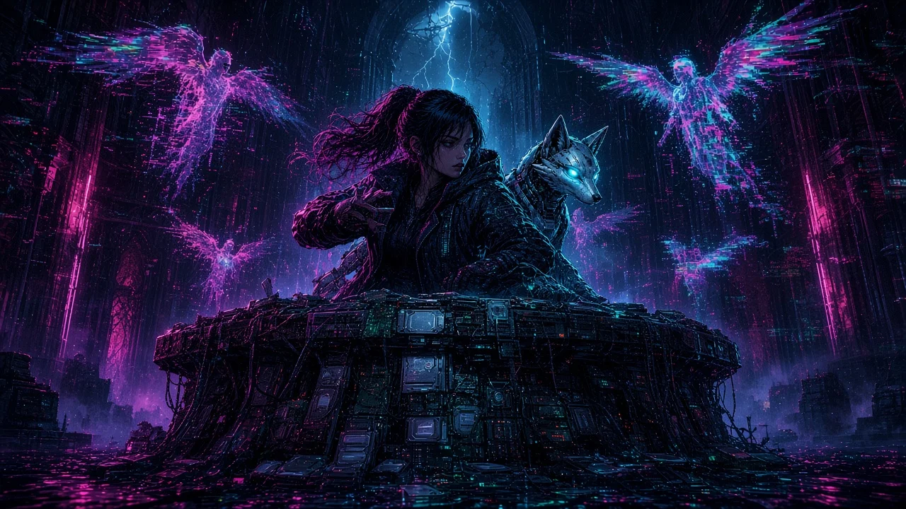 Nova and Neon escaping across cathedral buttresses as gunship searchlights paint the stone.