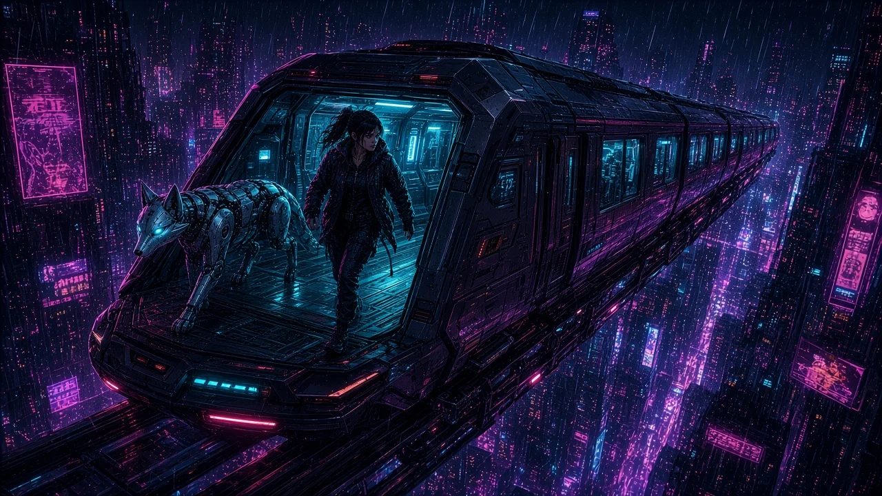 Nova and Neon on a gantry above glowing abandoned maglev rails as hoverbike racers launch into the Ghost Run.