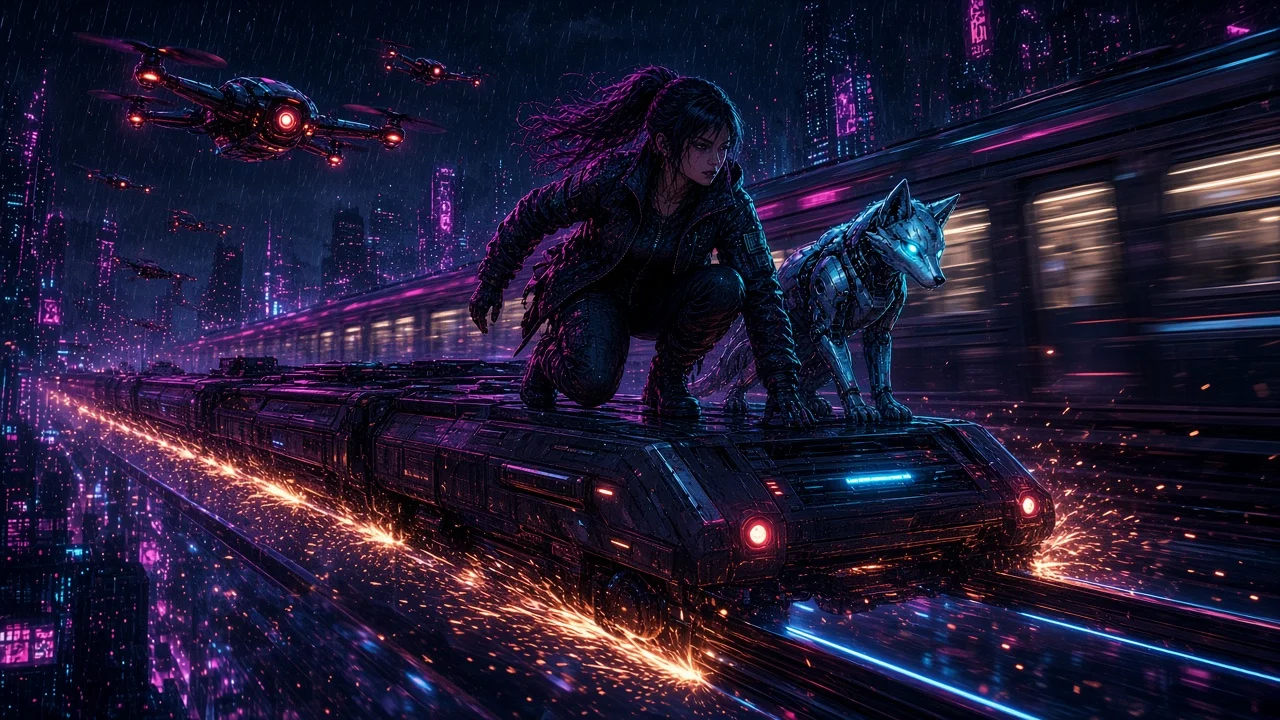 Nova jacking timetable servers in a buried transit bunker while Neon snarls at ON TIME FOREVER screens.