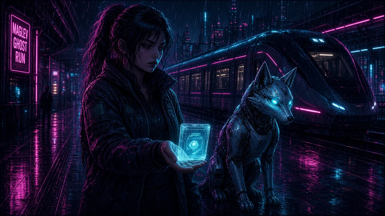 Nova splicing passenger manifests onto Platform Zero's pirate transit display at dawn with Neon seated like a station master.
