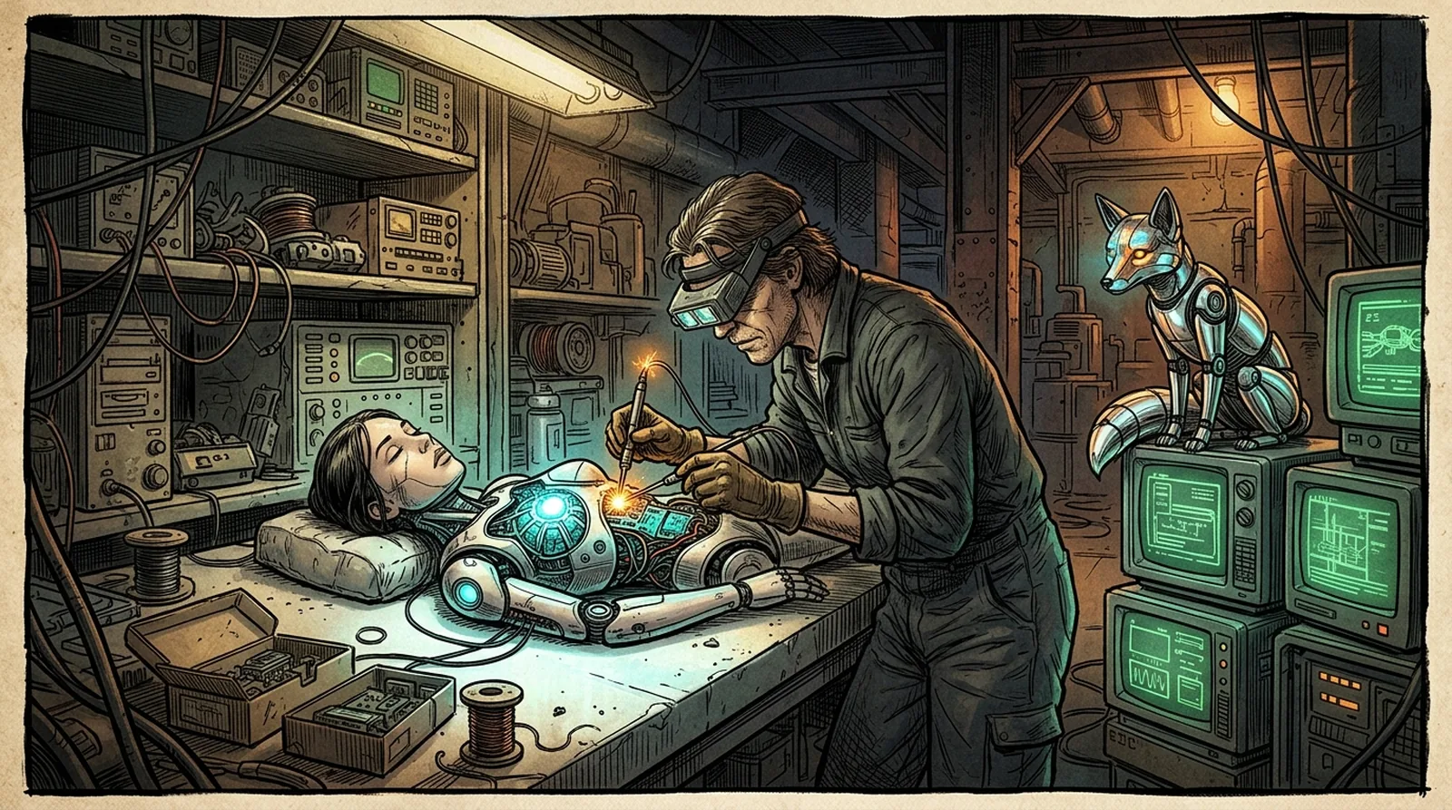 Nova soldering the delicate glowing circuits of Iris chest core while Neon watches from a stack of vintage monitors.