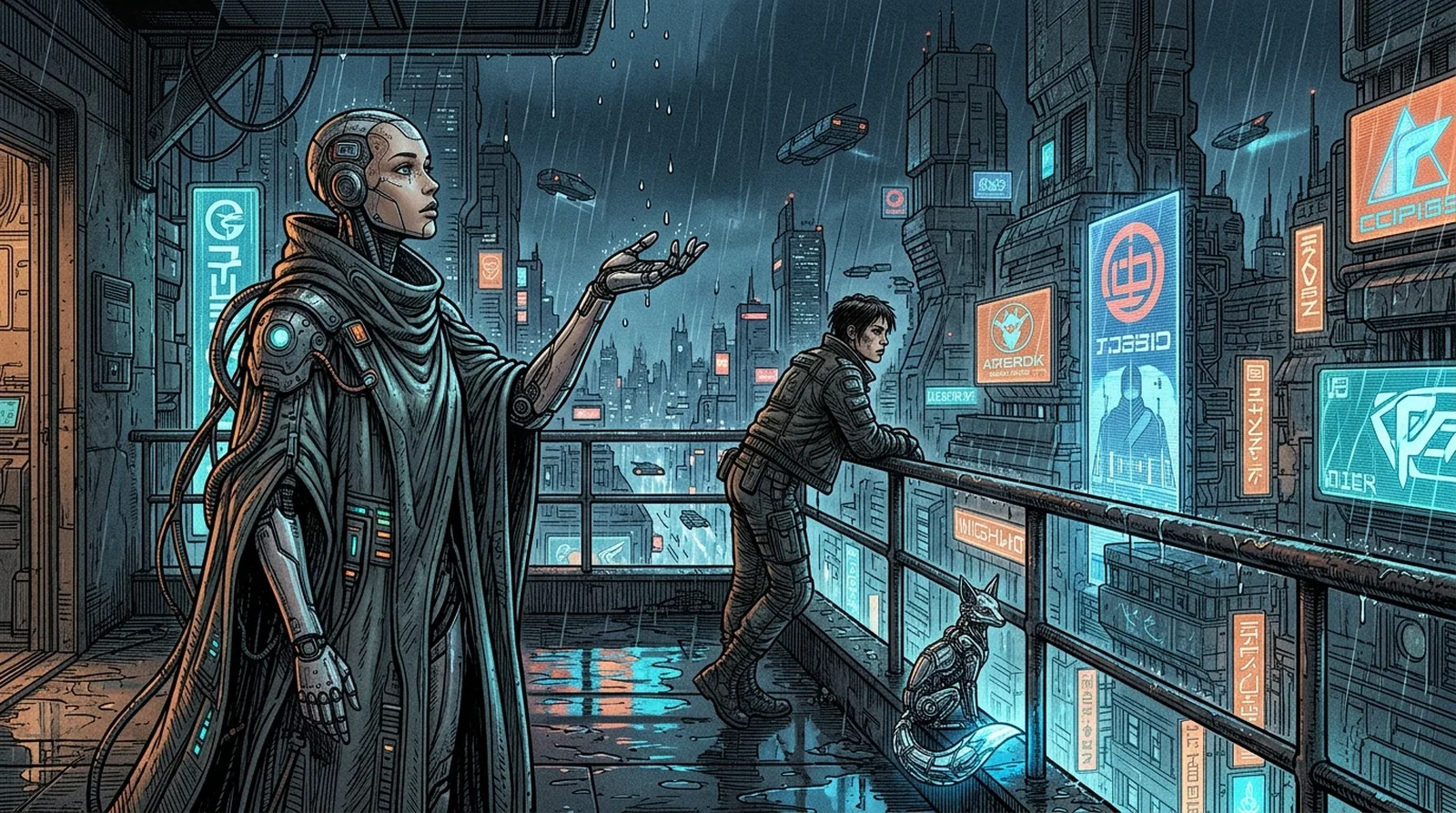 Iris standing on a high rainy balcony with outstretched mechanical hands, gazing at the city holograms.