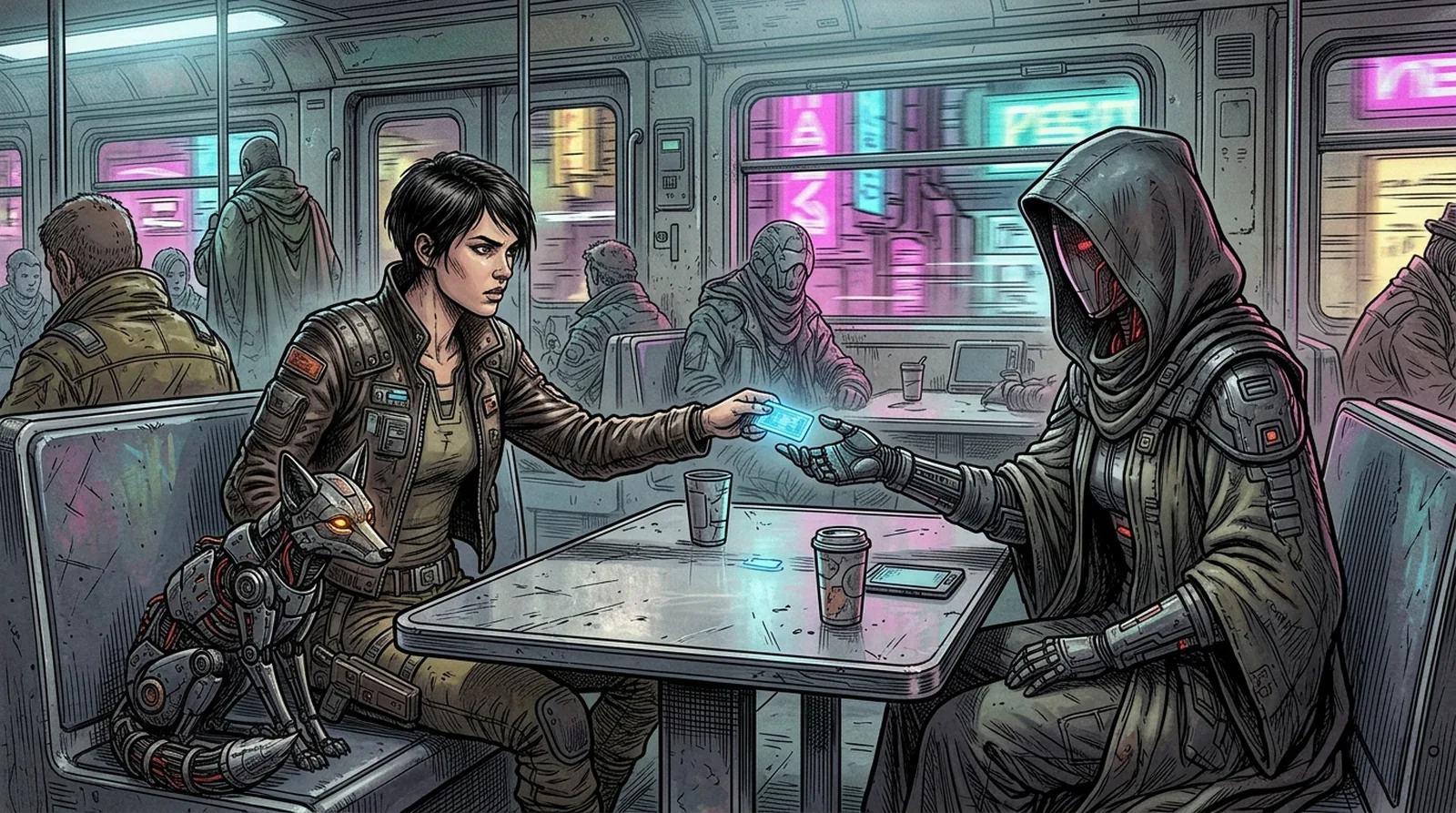 Nova passing a forged identity chip to disguised Iris inside a high-speed underground maglev carriage.