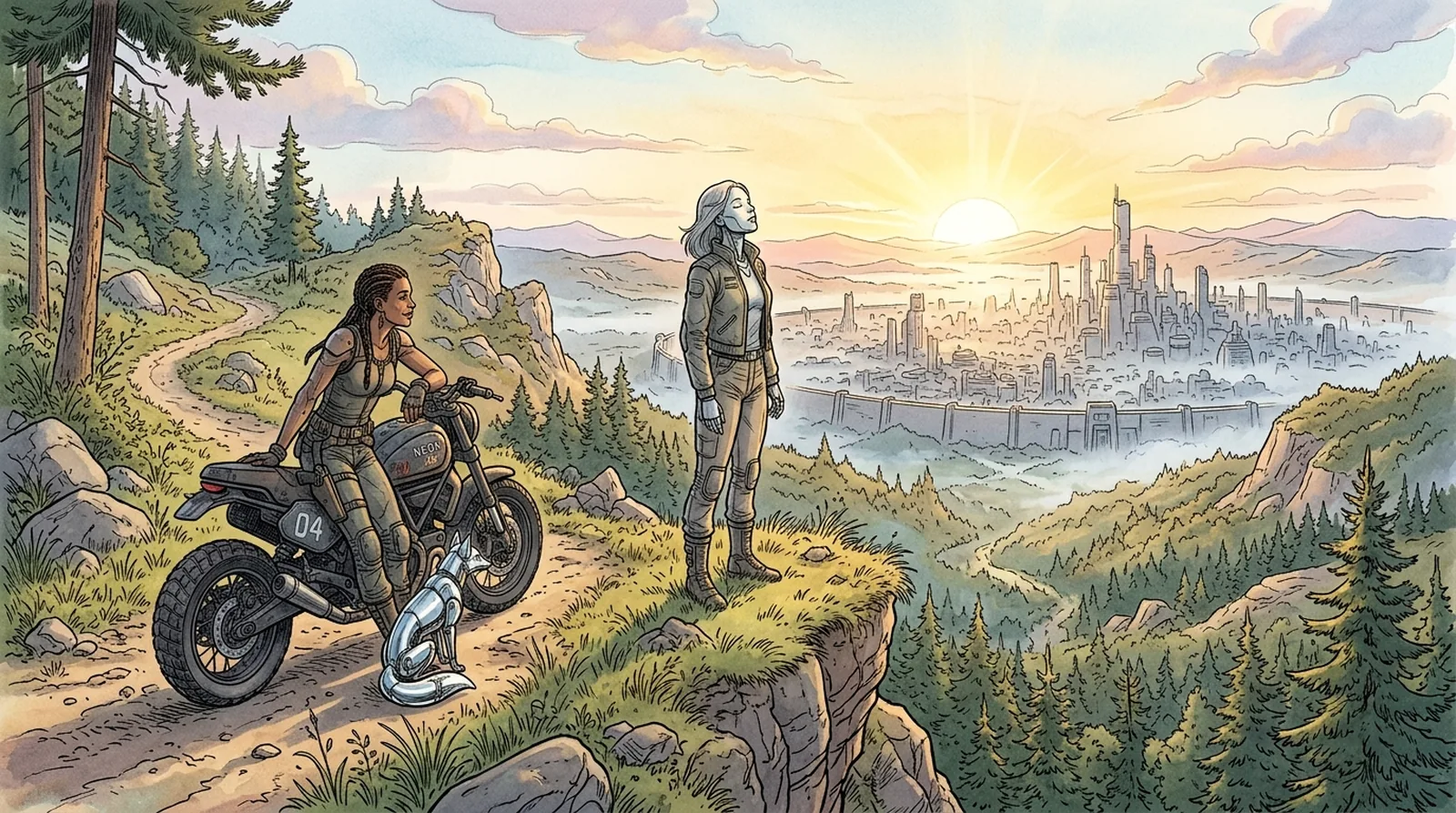 Iris standing on a scenic grassy cliff edge at sunrise outside the massive city perimeter wall.
