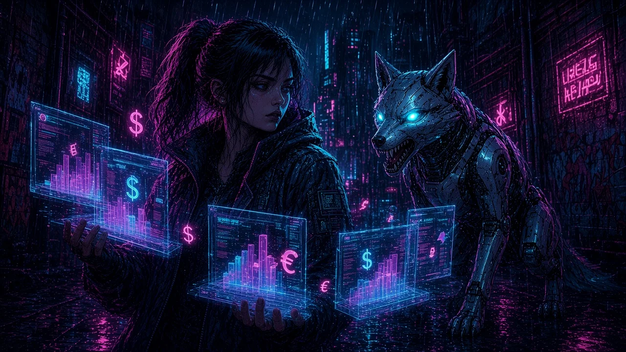 Nova and Neon intervening as white-coated collectors corner a glowing-tattooed courier in Phosphor Alley.