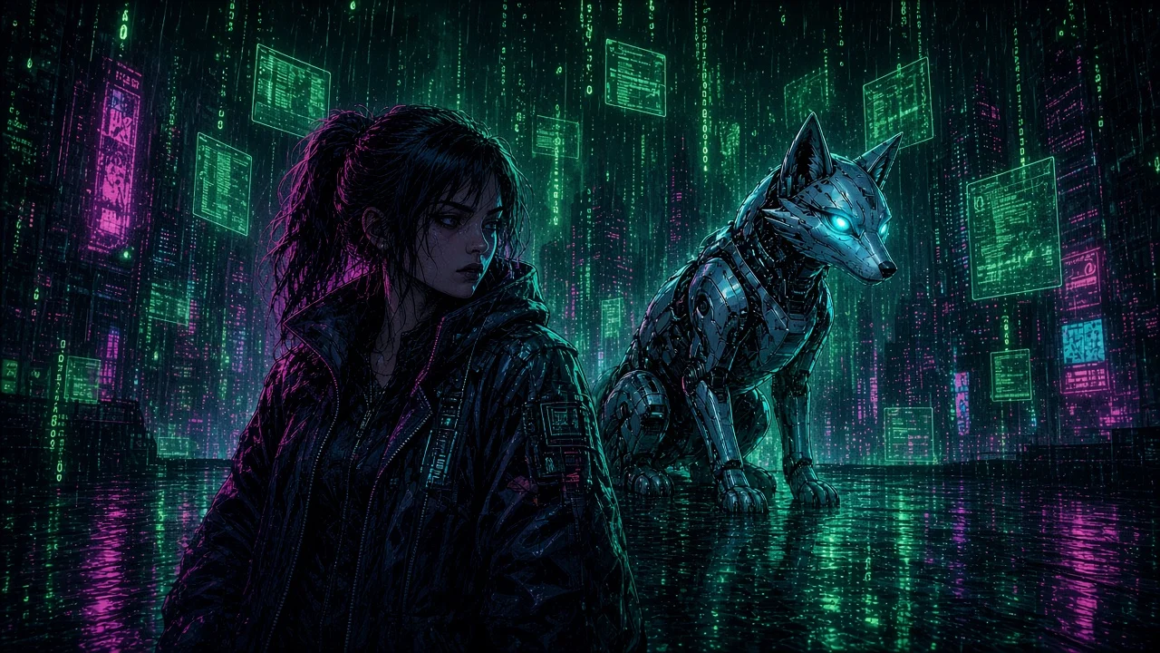 Nova and Neon on a fire escape overlooking an alley of children drawing chalk constellations in residual gold light.