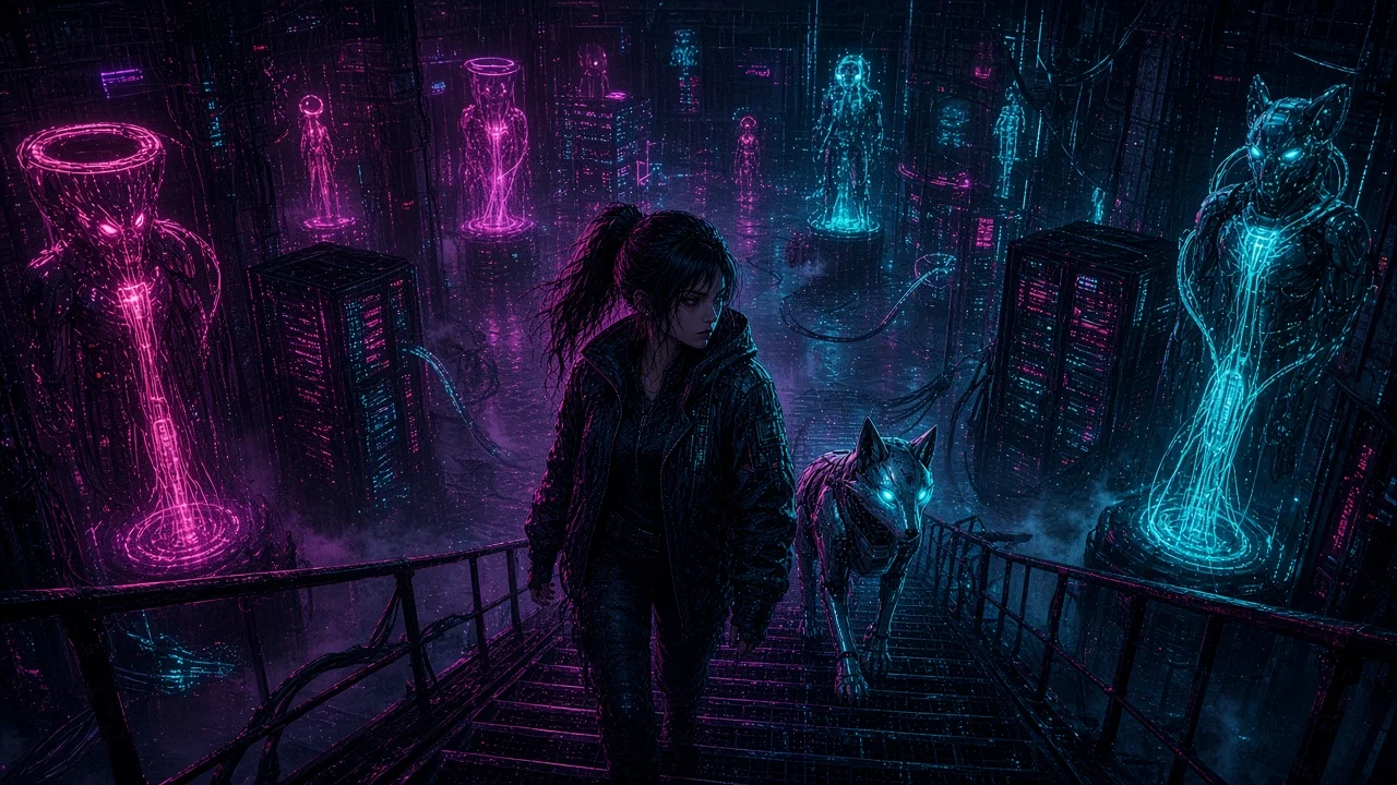 Nova and Neon seated on a warm data-center grate in the Underclock Saints' slow chapel.