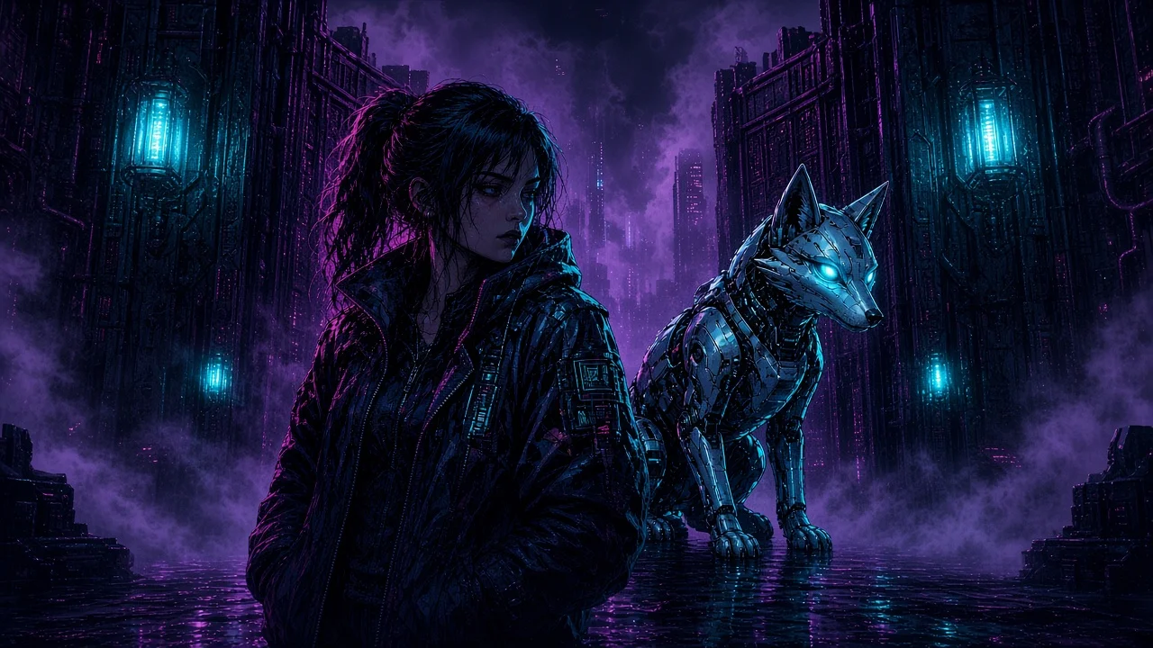 Nova holding Neon's harness fog-thread as they step into Sector 12's violet weather wall.